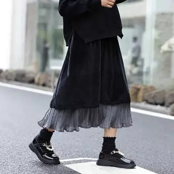 Юбки для девочек, осень-зима, бархатная юбка средней длины, повседневная универсальная юбка для школьников-подростков, модная юбка трапециевидной формы для детей 110cm чёрный