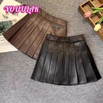 Юбки из кожи для девочек Весна Осень 2024 Новые юбки из искусственной кожи Универсальные юбки из кожи для девочек 110 чёрный