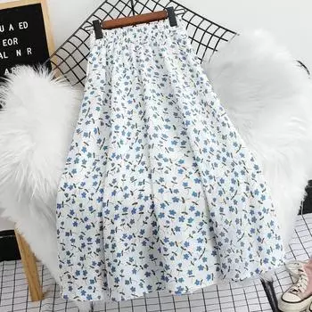 Юбки из шифона с классным принтом, женские летние, средней длины, с небольшим свежим цветочным принтом, с высокой талией, длиной выше колена One Size белый