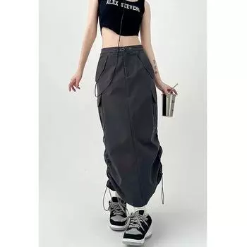 Юбки-карго в американском стиле ретро для женщин, летняя юбка-миди с разрезом и завязками, высокая талия, уличная одежда Y2k S чёрный