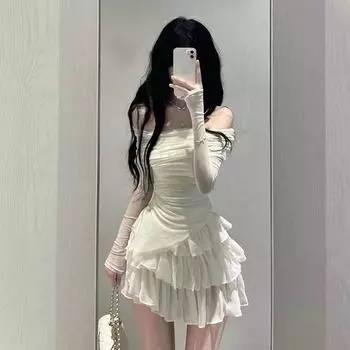 Юбки комплекты женские летние тонкие однотонные нерегулярные косые воротники женские футболки с длинным рукавом модные шикарные милые оборки бальное платье новое S бежевый