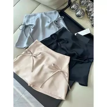 Юбки мини-юбки Y2k с бантом и шнуровкой из атласа женские розовые юбки-трапеции в корейском стиле лето 2024 года с высокой талией сексуальные тонкие милые короткие юбки новые S чёрный