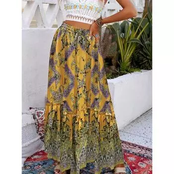 Юбки на завязках с принтом пейсли, летние макси-юбки со складками в стиле бохо, женская одежда S жёлтый
