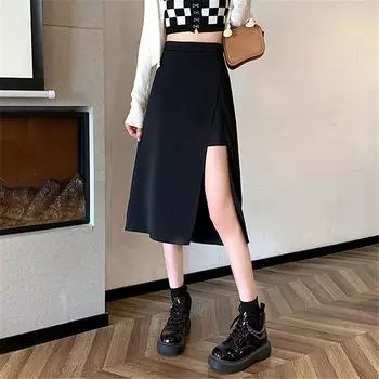 Юбки с боковыми разрезами, женские корейские модные юбки трапециевидной формы с высокой талией, летняя элегантная универсальная нижняя одежда, уличная одежда больших размеров, женская одежда S чёрный