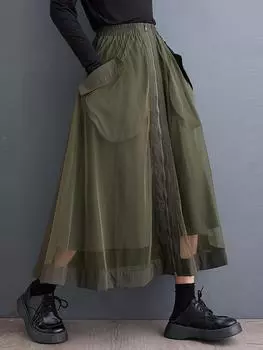 Юбки с карманами на молнии в стиле пэчворк, эластичный пояс, однотонные, свободные, до середины икры, универсальные юбки, осень 2024, новинка HJF5086 One Size