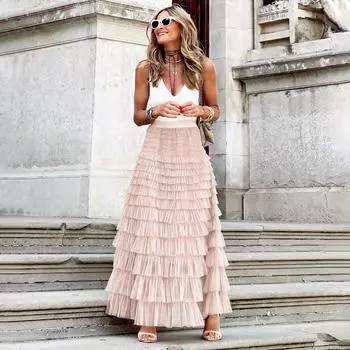 Юбки-торты, женские элегантные каскадные оборки, длинные юбки трапециевидной формы, женская повседневная кружевная юбка с эластичной резинкой на талии, вечерние XXL белый