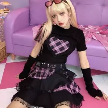 Юбки в стиле рок-панк для девочек в стиле Харадзюку, с кружевом и цепочкой, женские, готические, с высокой талией, в стиле мини-торт Y2K, уличный топ S чёрный