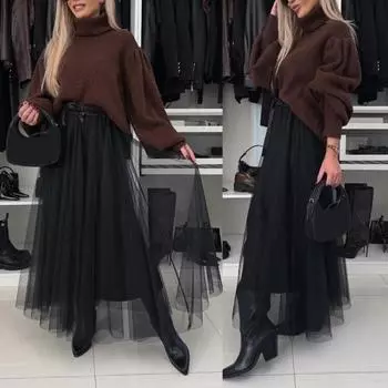 Юбки женские из тюля Yousheng, юбка миди с высокой талией, черное сетчатое струящееся вечернее платье, длинная юбка-пачка для свадебной вечеринки, коктейля, выпускного вечера S чёрный