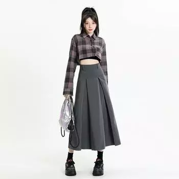 Юбки женские шикарные студенческие универсальные осенние базовые миди популярные корейские модные женские платья плиссированные фалды винтажные XL чёрный