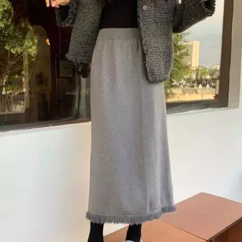 Юбки женские утолщенные с кисточками трикотажные с высокой талией однотонные теплые длиной до середины икры корейский стиль элегантные повседневные офисные женские осенние шикарные S хаки