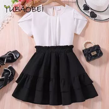 Юбочный костюм YUBAOBEI для девочек-подростков, детские комплекты с белой рубашкой и юбками, одежда для девочек, детский повседневный костюм с короткой юбкой и короткими рукавами 11Y белый
