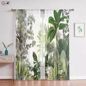 Юго-Восточная Азия Тропический лес Зеленый занавес Банановый лист Пасторальный Натуральный Ins Ветрозащитный Карманный Карман Легко стирать Шторы W50xH130(CM)x2PCS&Grommet Top