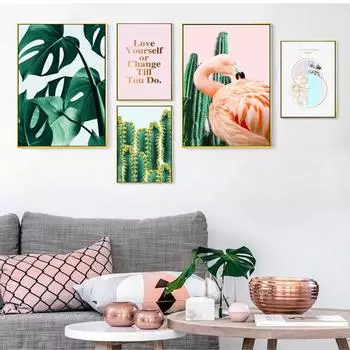 Юго-Восточная Азия, украшение в виде тропических растений, картина для спальни, прикроватная тумбочка, кактус, гостиная, фреска, розовый фламинго, плакат с надписью 40x60cmcm no frame