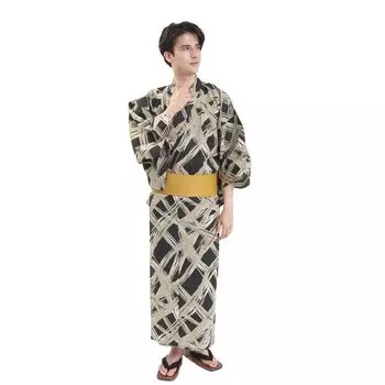 Юката 4 талия M размытый Z3209AMB253 [Fuuka] Мужской комплект, части, оби, ремень, гэта, мужской, размер, черный, бежевый, касури, (поясной шнур/квадратный оби/горчичный)