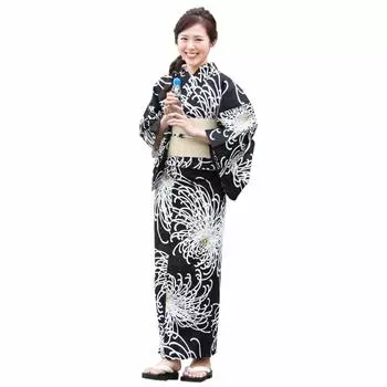 Юката большого размера Рангику из 3 предметов Юката размером от 4 до 5 л [Блестящая деталь] Женский комплект, Белый черный , Комплект, Юката, Оби, Гэта, чёрный