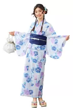 Юката для детей, комплект юката на талии, Morning Glory Blue 140 см [Arisana] для детей, девочек, (4-х предметный + + Оби)