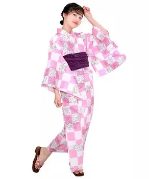 Юката комплект для девочек в стиле ретро с изменяемым плетением, комплект из 3 предметов, клетчатый веер Heiko для девочек [KYOETSU] (Юката, Оби, Гета) (140см, 3. лицо)