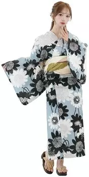 Юката комплект из 3 предметов солнце цветущая маргаритка хризантема однотонная японская одежда кушю пушистый хейко оби стринги гэта комплект русалочий синий свободный размер [RAVIR]