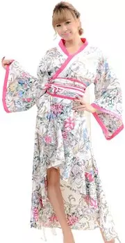 Юката с оборками, цветочное кимоно, японское платье для косплея, длинные оборки с оби [Lady Lazy] (белый) белый