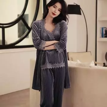 Юката Высококачественная Пижама из золотого бархата, женская ночная рубашка с длинными рукавами, сексуальная кружевная ночная рубашка, костюм-тройка, одежда для сна, сексуальный ночной халат M розовый