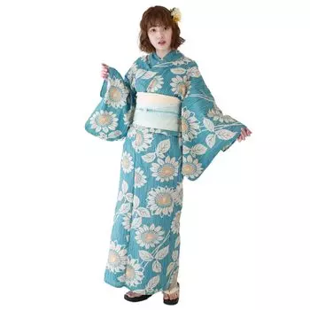 Юката Высококачественный комплект из 3 предметов юката из хлопка и льна разного плетения на светло-голубом фоне Японский надэсико , женский, ретро, качество, Подсолнухи светло-синий