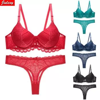 Julexy BC Cup Полый женский комплект с бюстгальтером Push Up Кружевной бюстгальтер Короткие комплекты Прозрачный бюстгальтер и трусики