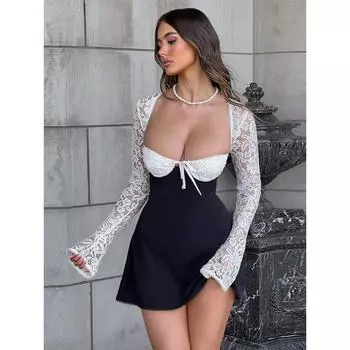 JULISSA MO 2024, модное кружевное лоскутное мини-платье с длинными рукавами и открытой спиной для женщин, весеннее сексуальное облегающее вечернее клубное платье, новинка S чёрный