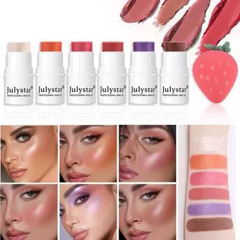 Julystar Monochromatic Multi Stick, румяна, хайлайтер, бронзер, матовый, мерцающий финиш (с губкой для макияжа в форме клубники)