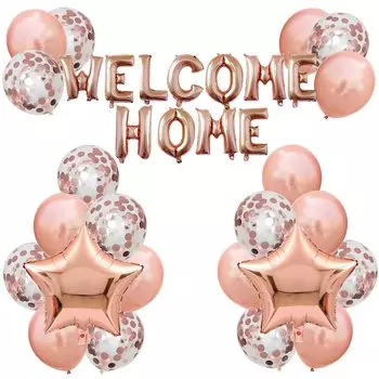 JumDaQQ Welcome Home Letter Balloon Banner with Star Sequin Balloons for Home Family Party Decoration (24 Pack) (Gold Rose)