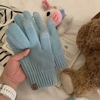 Jumei Озеро Голубой ~ Мягкие Клейкие Перчатки Женские Зимние Флисовые Heattech K-style Однотонные Классические Перчатки с Сенсорным Экраном Ins Lake Blue One size