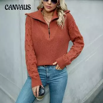 Джемпер женский персонализированный поло с застежкой-молнией и лацканами, свитер с текстурированной текстурой, свитер-пуловер S оранжевый/красный