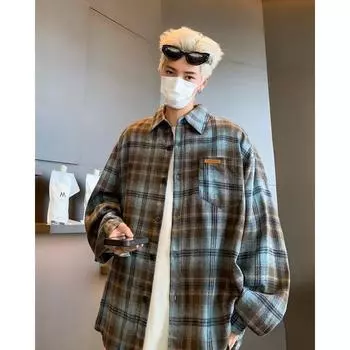 JUMPNEXT Trendy Brushed Plaid Shirt Unisex Spring Vintage American Style Loose Long Sleeve Shirt Couple Jacket M синий