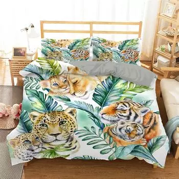 Jungle Animal Bedding Set Tiger Leopards King Queen Duvet Cover Watercolor Tropical Plants Comforter Cover Polyester Quilt Cover 70x133cm 2pcs