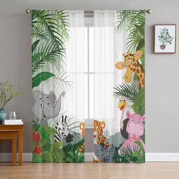 Jungle Animal Cartoon Giraffe Elephant Sheer Curtains for Living Room Decoration Window Curtains Kitchen Tulle Voile Curtains W135 x H115cm x1
