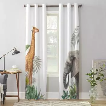 Jungle Animal Elephant And Giraffe Window Curtains For Living Room Kitchen Modern Curtains Home Decor Blinds Drapes 135W x 60H(cm) x1
