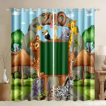 Jungle Animals Cartoon Giraffe Lion Kids Curtains Living Room Bedroom Home Decoration Kids Room Window Curtain Treatment Drapes Small W50H60(CM)x2&Hook