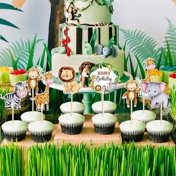 Jungle Safari Animal Theme Cupcake Toppers Dessert Muffin Food Cake Picks for Baby Shower 1st Birthday Wedding Party Decoration