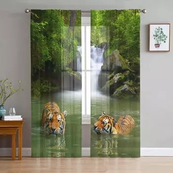 Jungle Wildlife Tiger River Sheer Curtains for Living Room Decoration Window Curtains for Kitchen Tulle Voile Organza Curtains W135 x H115cm x1