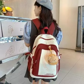 Junior High School Student School Bag Women s Color Contrast Backpack Travel Backpack красный