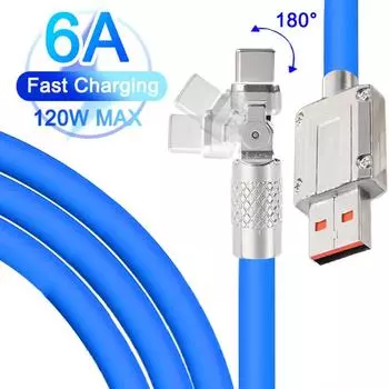 ЮрКем Вращающийся 120 Вт 6А Кабель для сверхбыстрой зарядки Type-c Lightning Кабель для быстрой зарядки для iphone Xiaomi Huawei Samsung Жидкий силикон Bold Data Line 1M For Type-c Port оранжевый