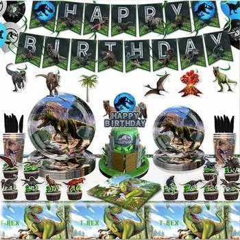 Юрский зеленый динозавр вечеринка столовая посуда детский день рождения динозавр вечеринка одноразовая тарелка флаг вытягивание воздушных шаров набор столовых приборов 7in 10pc