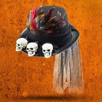 Юшенг Хеллоуин стимпанк цилиндр фетровая шляпа череп с перьями сетка костюм для вечеринки Хэллоуин аксессуар для подростков взрослых чёрный
