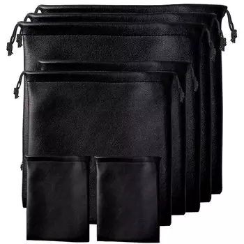 JUSTBOKU Сумка на шнурке, маленькая, простая, черная, кожаная, маленькая, водонепроницаемая, с завязками, набор из 7 предметов чёрный