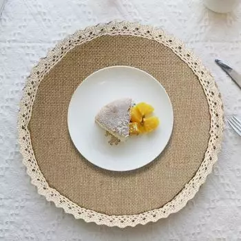 Jute Table Placemats Set Rustic Lace-Trimmed Round Scallop Edge Hot Pads