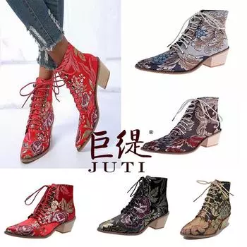 Juti 2024 зимняя женская обувь независимая станция новые толстые каблуки вышитые женские короткие сапоги 35 чёрный