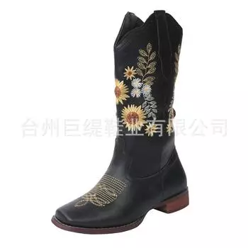 Juti spot 2025 foreign trade boots 2021 winter European and American foreign trade flat bottom large size embroidered sunflower knight boots 35