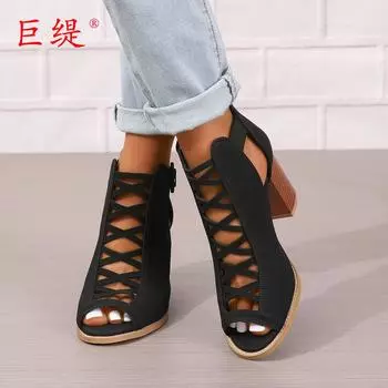 Juti spot new European and American fashion large size thick heel women s sandals foreign trade women s round head buckle high heel sandals women 35
