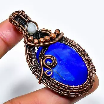 Ювелирная подвеска из медной проволоки с бирманским сапфиром и лунным камнем, длина 2,17 дюйма 2.17 синий