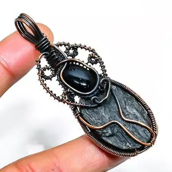 Ювелирная подвеска из медной проволоки с черным турмалином и ониксом, длина 2,56 дюйма 2.56 чёрный