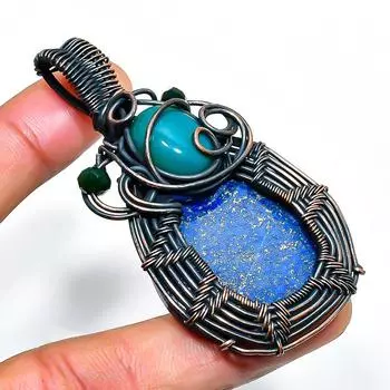 Ювелирная подвеска из медной проволоки с лазуритом и агатом 2,56 дюйма 2.56 синий